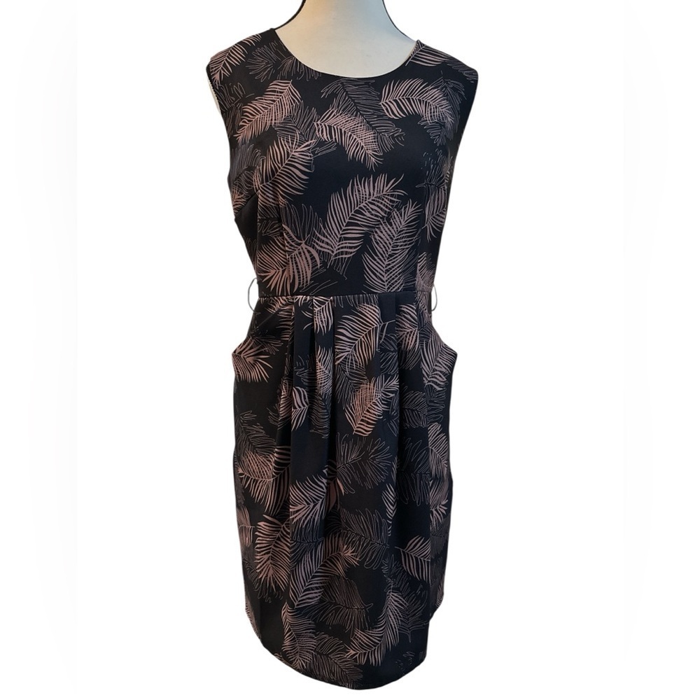 Darling Black and Pink Leaf Pattern Midi Dress **missing belt